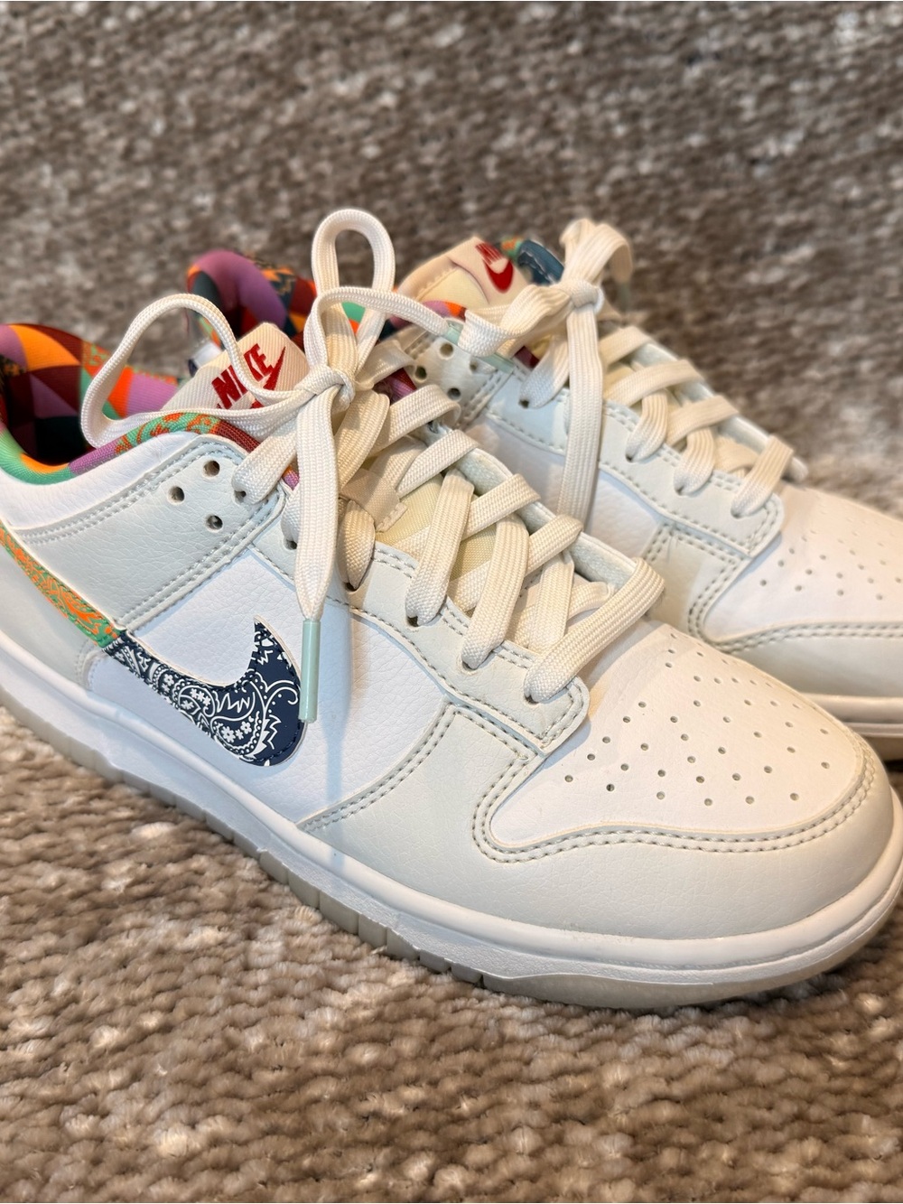 Nike Kids White Low-Top Sneakers with Navy Paisley Swoosh and Multicolor Lining